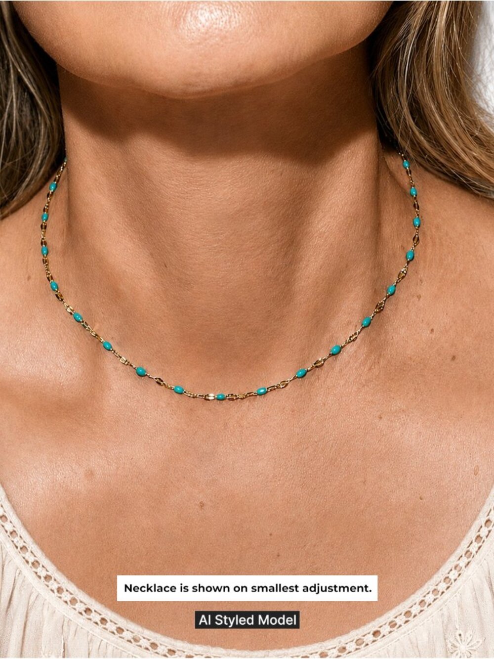 Dainty Turquoise Blue Bead Necklace Gold Tone Chain Adjustable 16–18"
